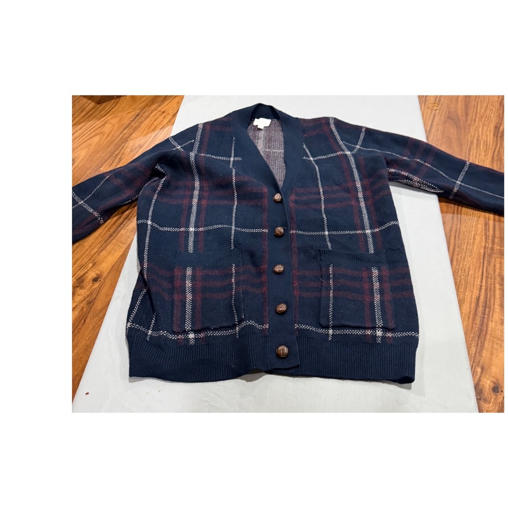 Dark Academia Womens Cyrus Plaid Button Front Cardigan L Navy Blue